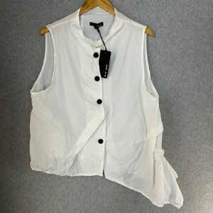 SUN KIM White Crinkle Asymmetrical Hem Sleeveless Button Up Vest Top Large NWT